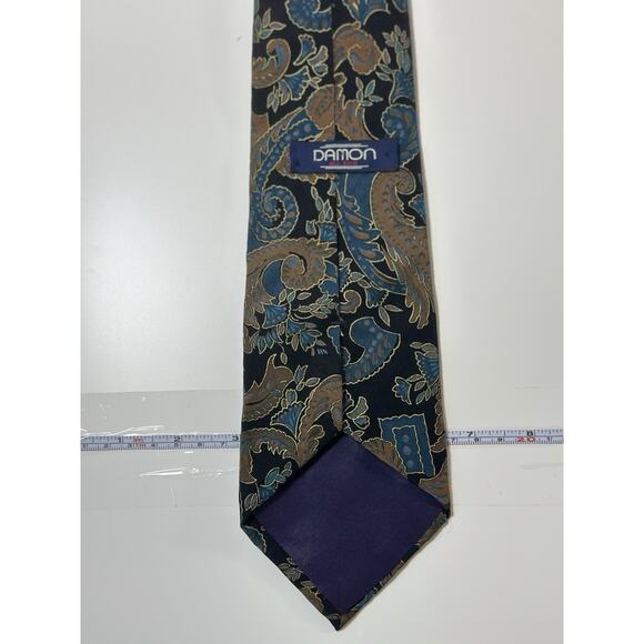 Damon All Silk Men’s Tie Paisley Floral Pattern Blue Brown Vintage USA Made - Picture 5 of 6